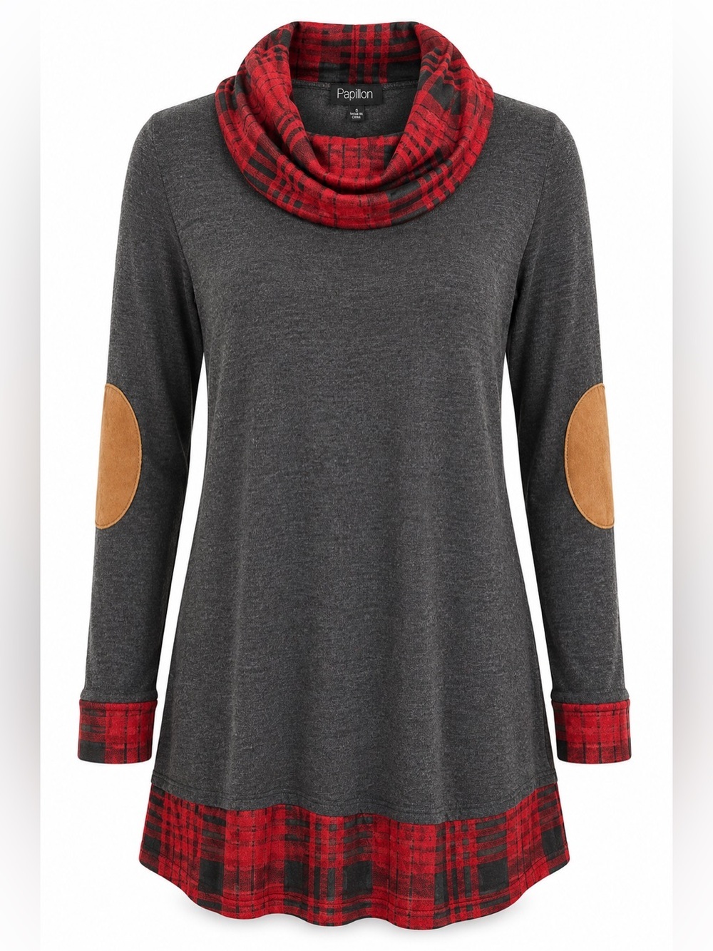 Papillon Plaid Cowl Neck Tunic Sweater Grey Red Small NWT